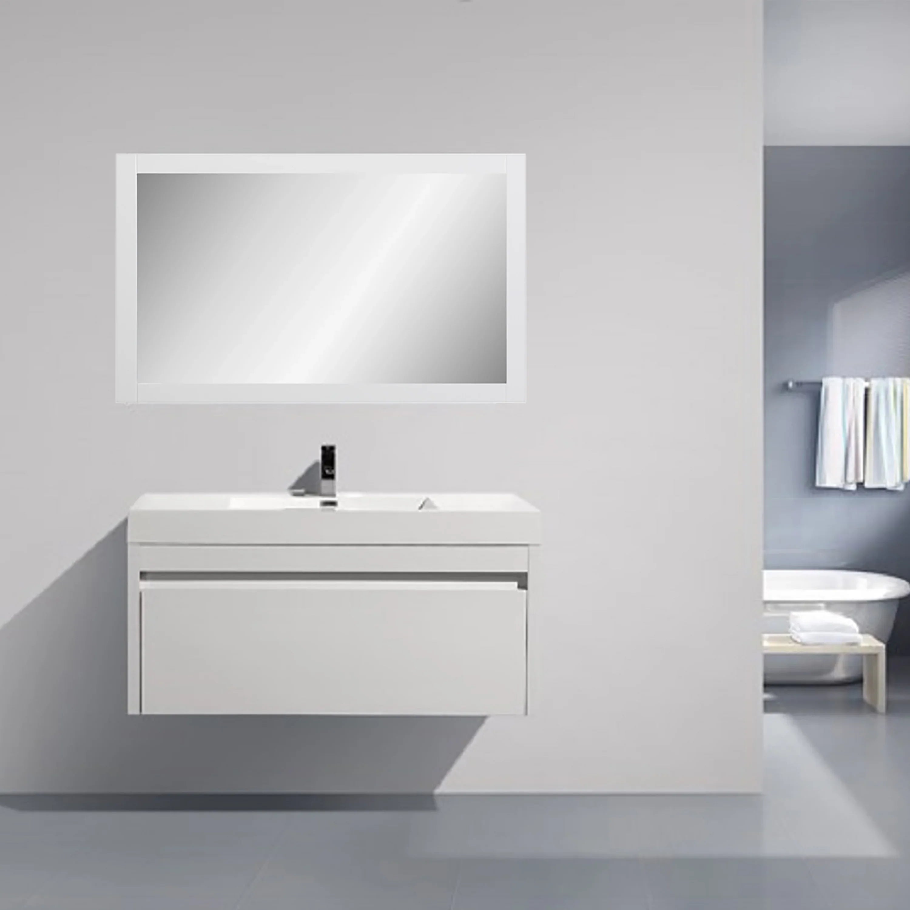 48" Rectangular White Framed Bathroom Mirror