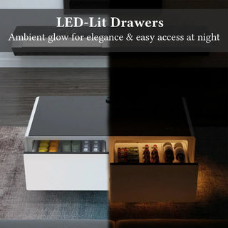 SERA Smart Coffee Table with Refrigerated Drawers, Bluetooth Speakers, Wireless Charging & LED Touch Control - White / Dark Grey / Brown