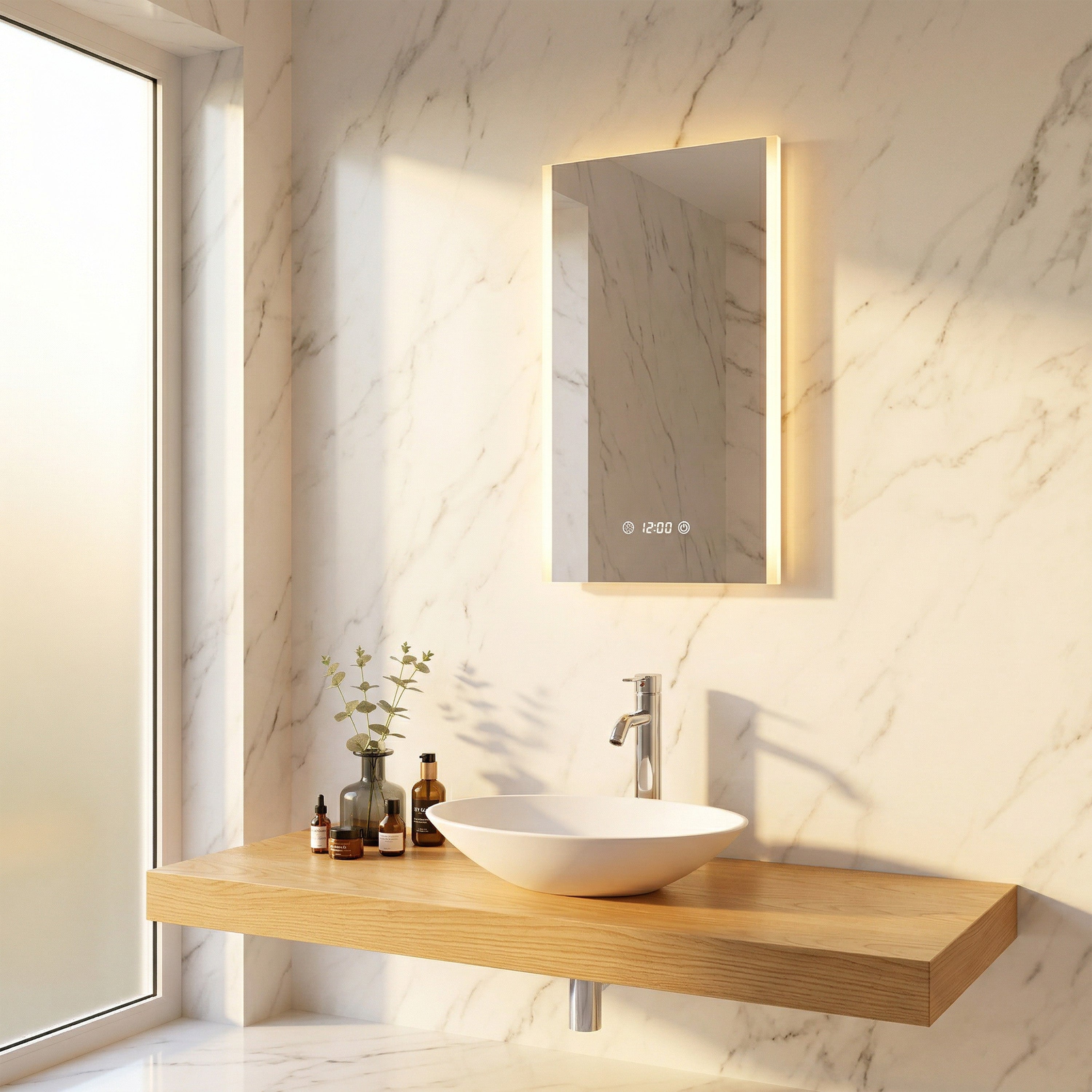20" LED Bathroom Mirror with Brightness Dimmer, Time & Temperature Display