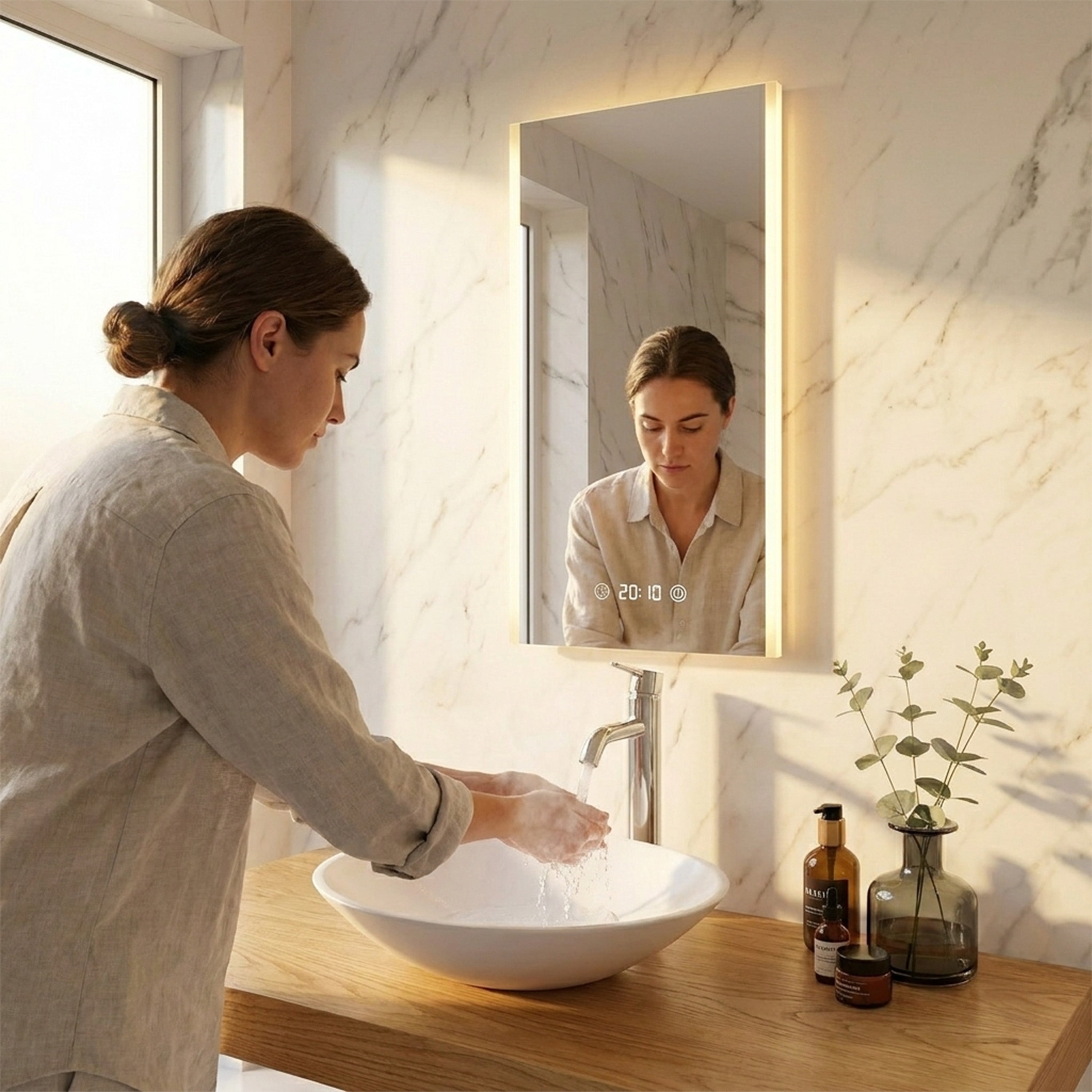20" LED Bathroom Mirror with Brightness Dimmer, Time & Temperature Display