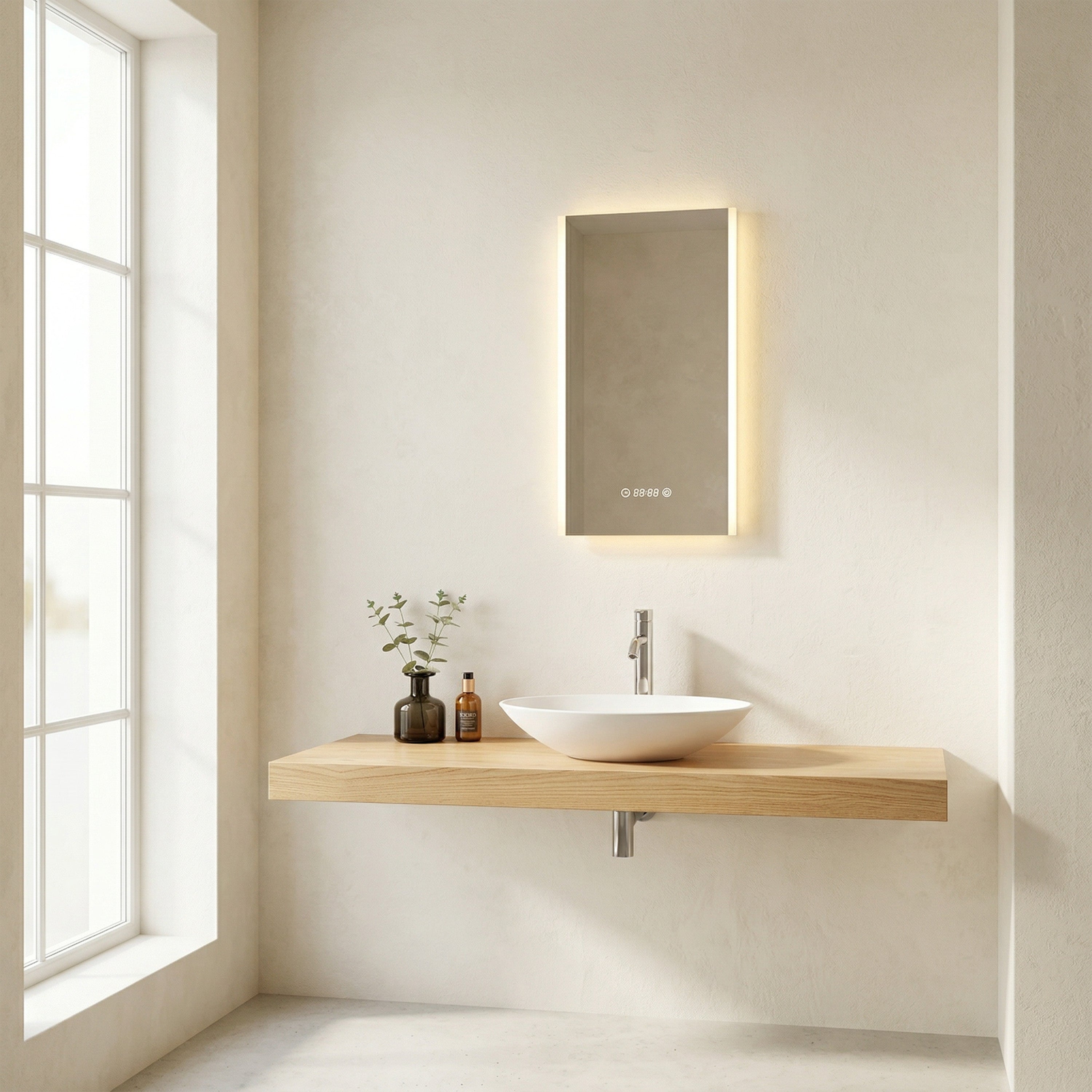 20" LED Bathroom Mirror with Brightness Dimmer, Time & Temperature Display