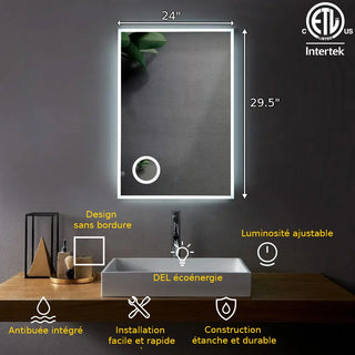 24" x 29.5" LED Bathroom Mirror with Built-in 3X Magnifying Mirror - Frameless Anti-Fog Smart Mirror with Dimming Control, Energy-Saving LED Lighting & Dual Mirror Design