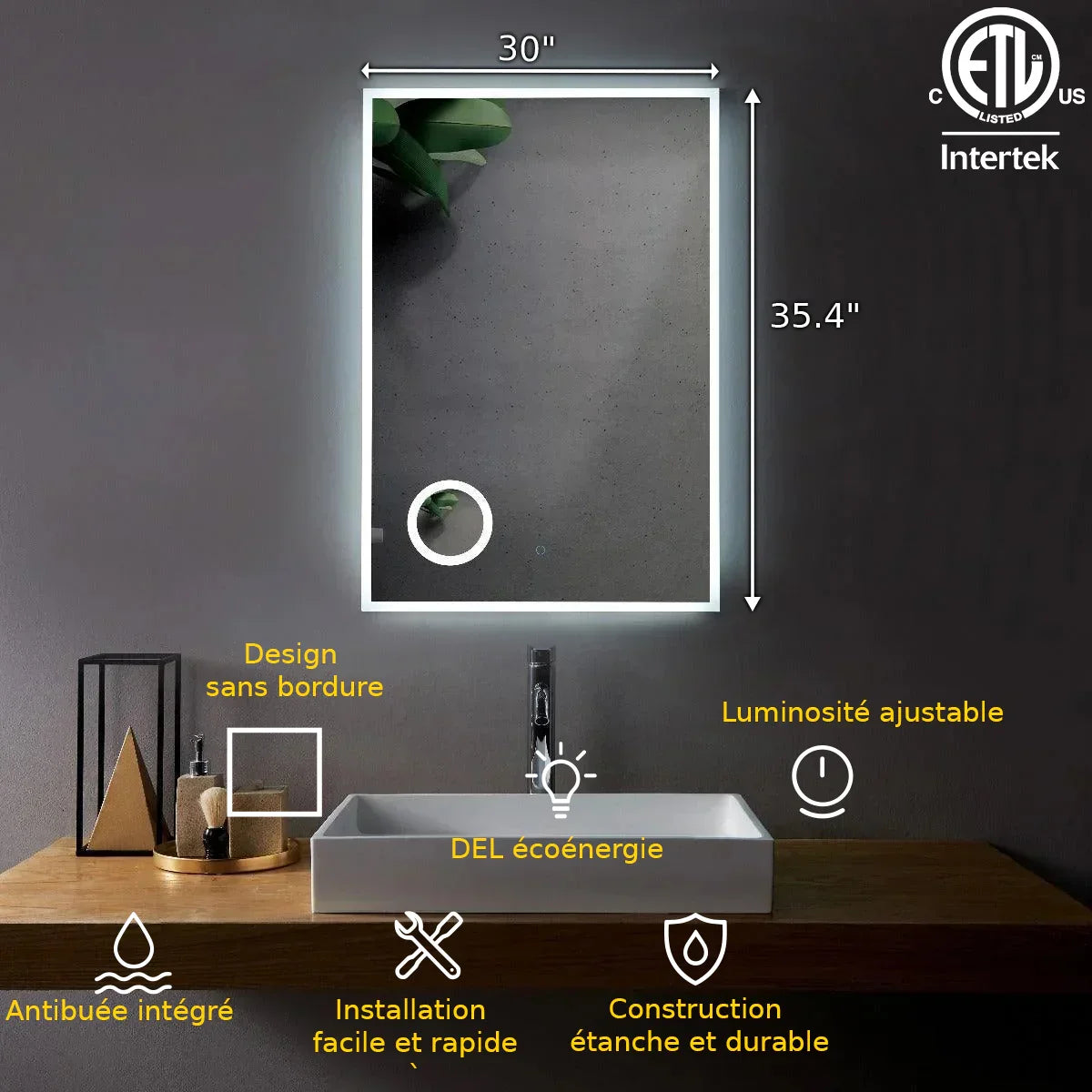30" x 35.4" LED Bathroom Mirror with Built-in 3X Magnifying Mirror and Anti-Fog Technology