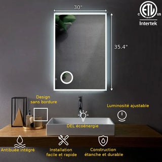 30" x 35.4" LED Bathroom Mirror with Built-in 3X Magnifying Mirror - Frameless Anti-Fog Smart Mirror with Dimming Control, Energy-Saving LED Lighting & Dual Mirror Design