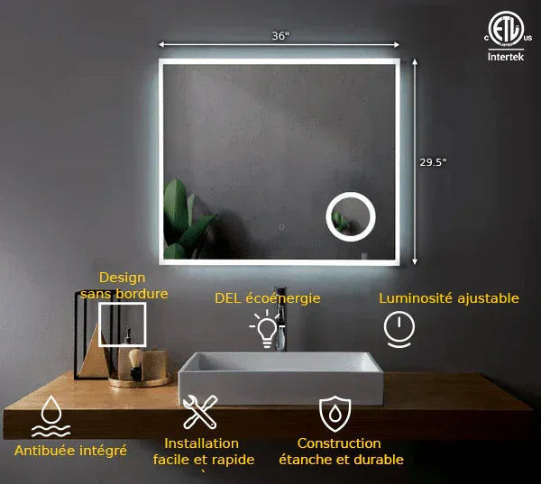 36" × 29.5" Frameless LED Bathroom Mirror with Built-In 3X Magnifying Mirror