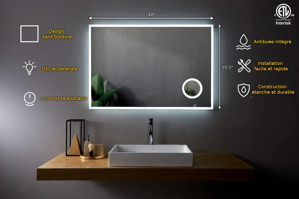 Miroir DEL 48po x 29,5po avec Miroir Grossissant 3X Intégré