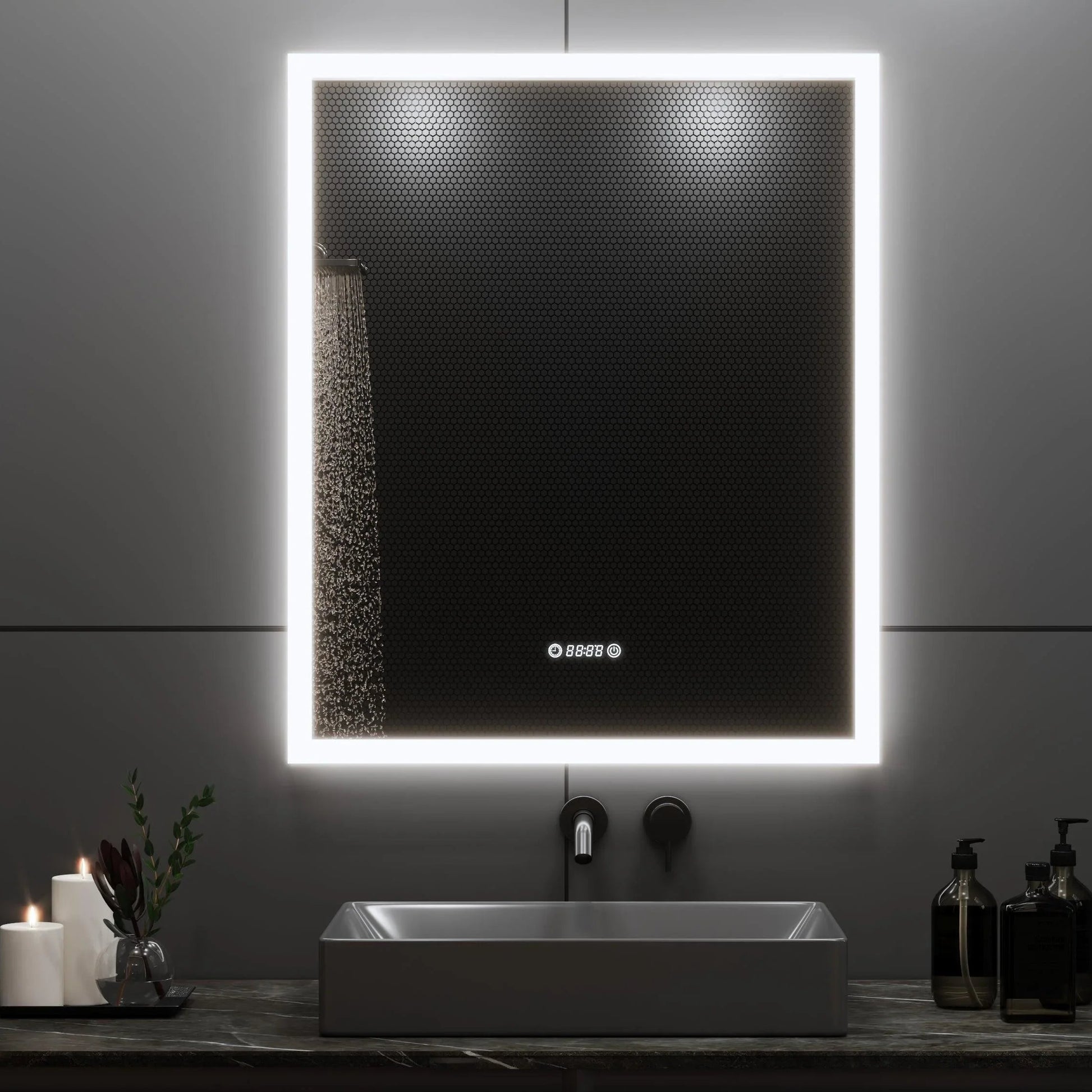 30" Chrono LED Mirror - Frosted Edge with Time, Temperature and de-fogging - Golden Elite Deco