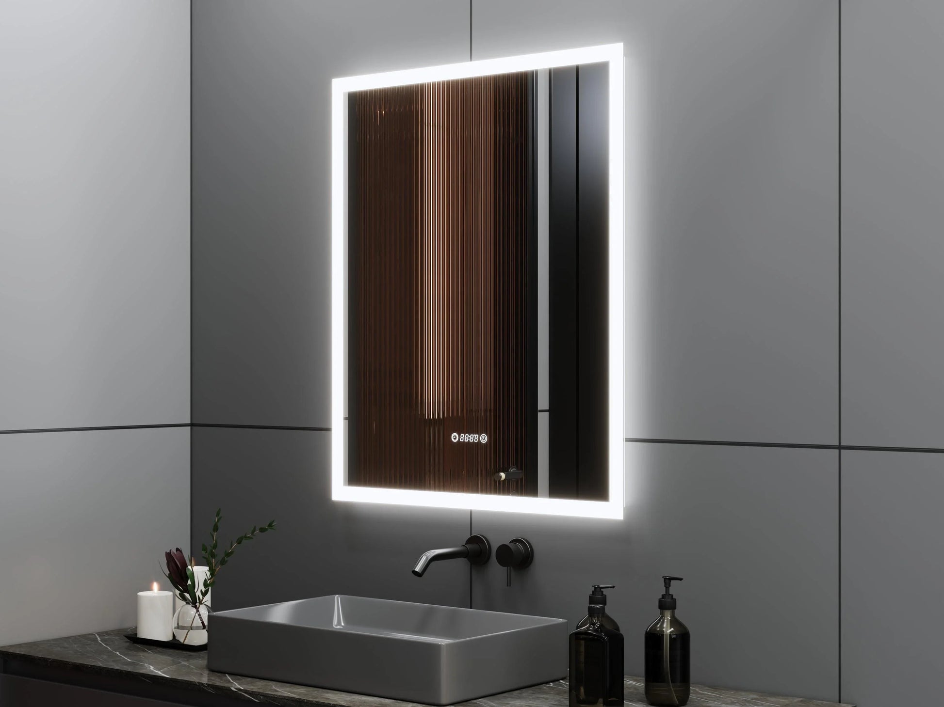 30" Chrono LED Mirror - Frosted Edge with Time, Temperature and de-fogging - Golden Elite Deco
