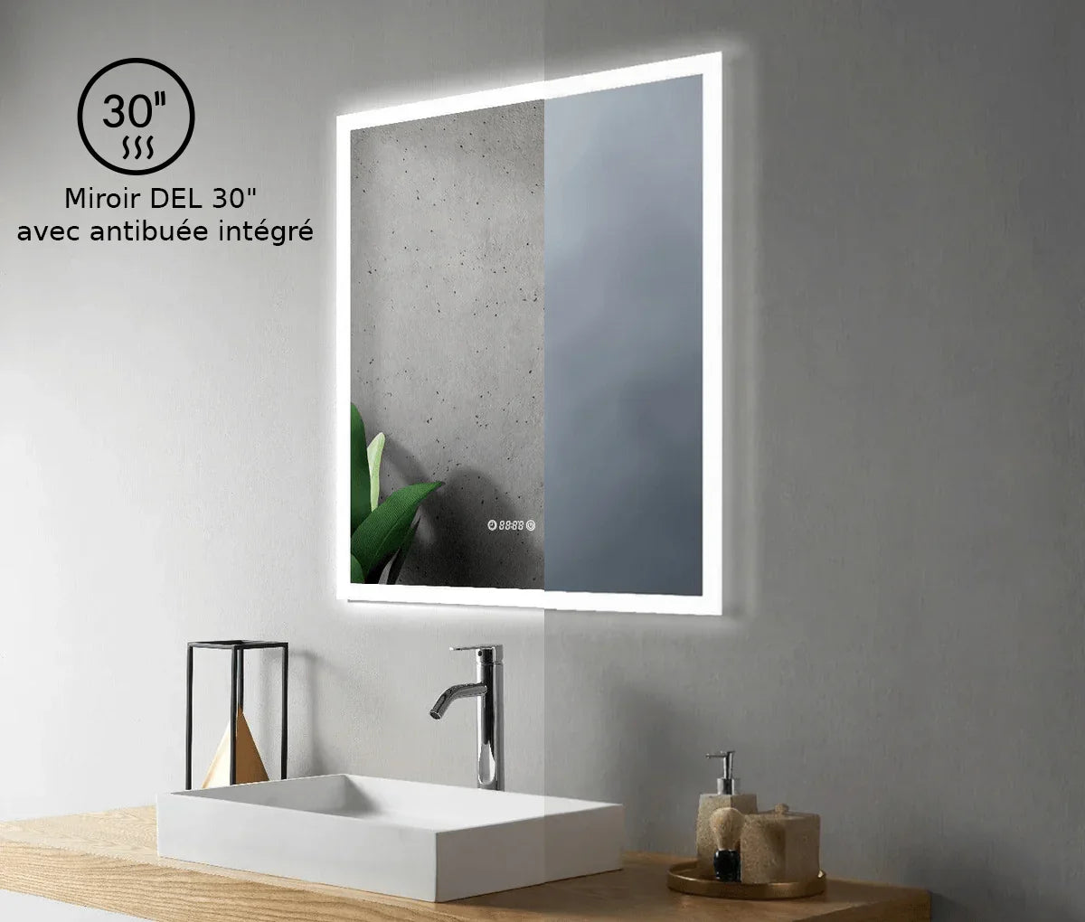 Miroir DEL Intelligent 30po x 35,4po avec Affichage Numérique Heure et Température