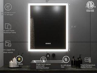 30" x 35.4" Smart LED Bathroom Mirror with Digital Time & Temperature Display - Professional Anti-Fog Mirror with Dual Color Temperature (3000K/6000K), Touch Dimming Control & 5mm Copper-Free Silver Glass