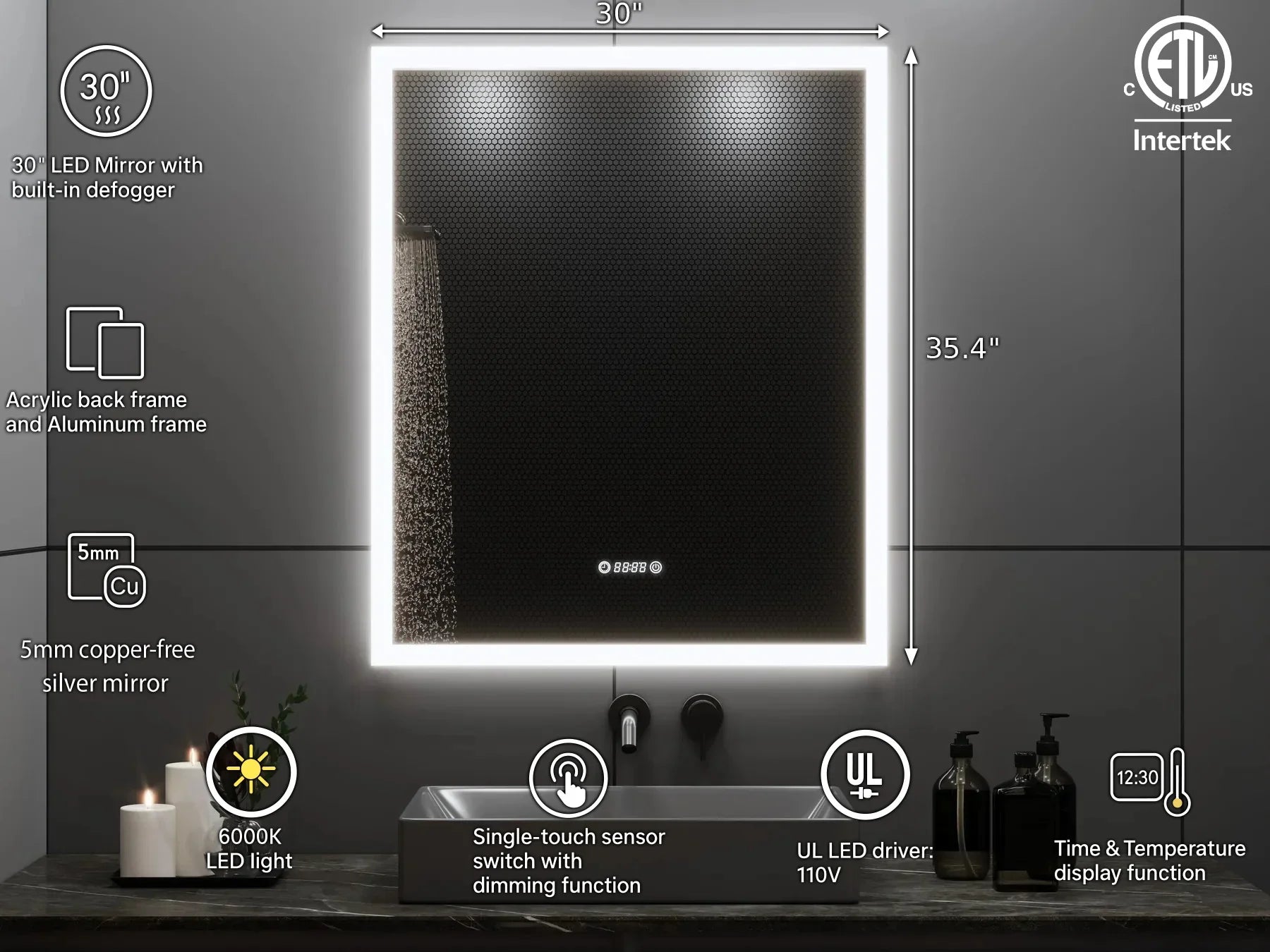 Miroir DEL Intelligent 30po x 35,4po avec Affichage Heure et Température