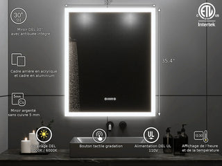 30" x 35.4" Smart LED Bathroom Mirror with Digital Time & Temperature Display - Professional Anti-Fog Mirror with Dual Color Temperature (3000K/6000K), Touch Dimming Control & 5mm Copper-Free Silver Glass