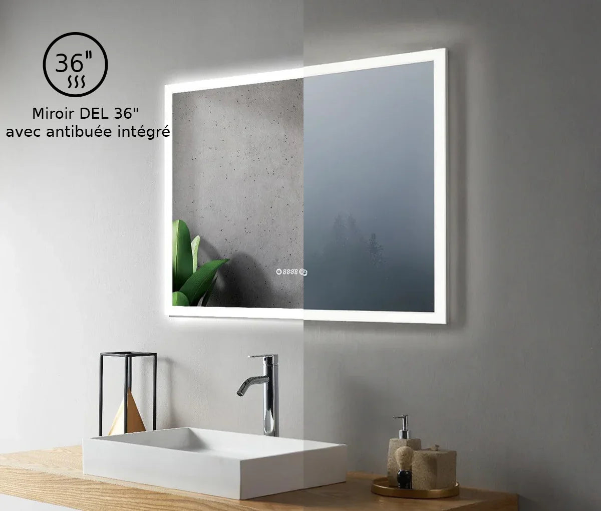 Miroir DEL Intelligent 36po x 30po avec Affichage Numérique Heure et Température