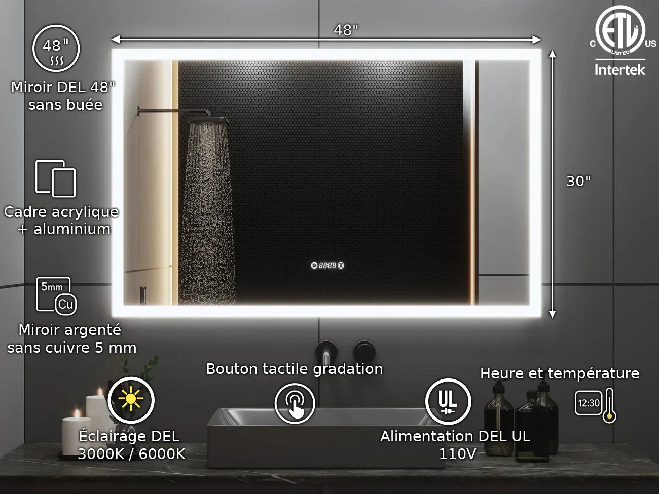 48" x 30" Smart LED Bathroom Mirror with Time & Temperature Display