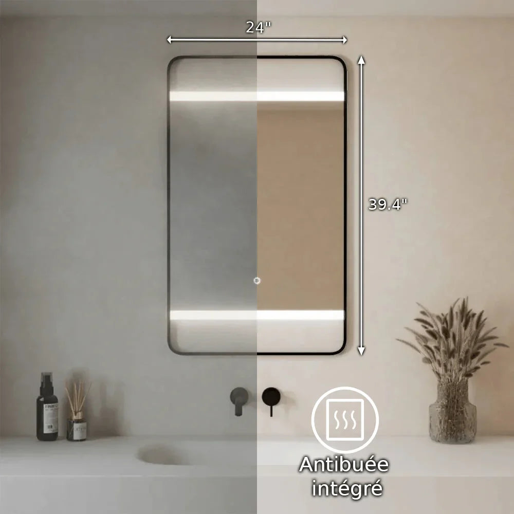Miroir DEL 24po avec Cadre Aluminium Noir Mat et Anti-Buée
