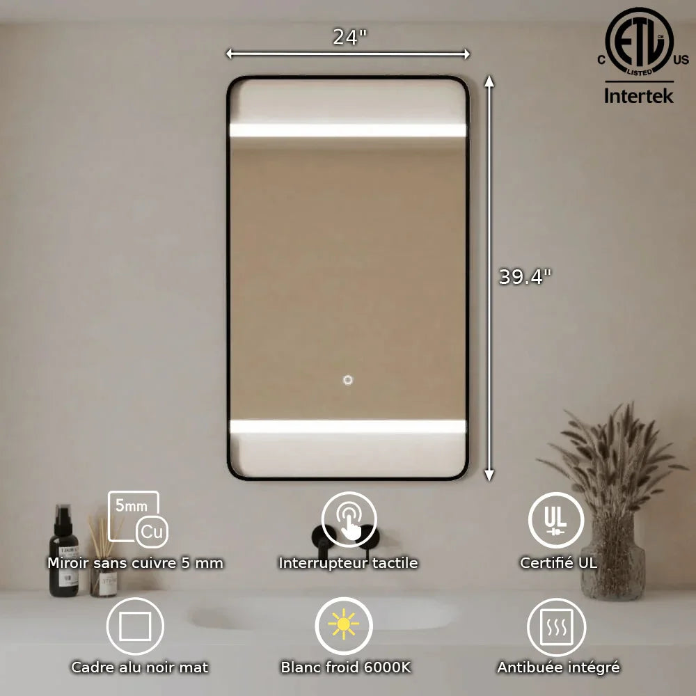 Miroir DEL 24po avec Cadre Aluminium Noir Mat et Anti-Buée