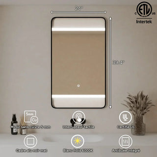 Miroir de Salle de Bain DEL 24 po x 29,4 po avec Cadre d'Aluminium Noir Mat Haut de Gamme - Miroir Intelligent Anti-Buée à Coins Arrondis avec Contrôle par Capteur Tactile et Éclairage Blanc Froid 6000K