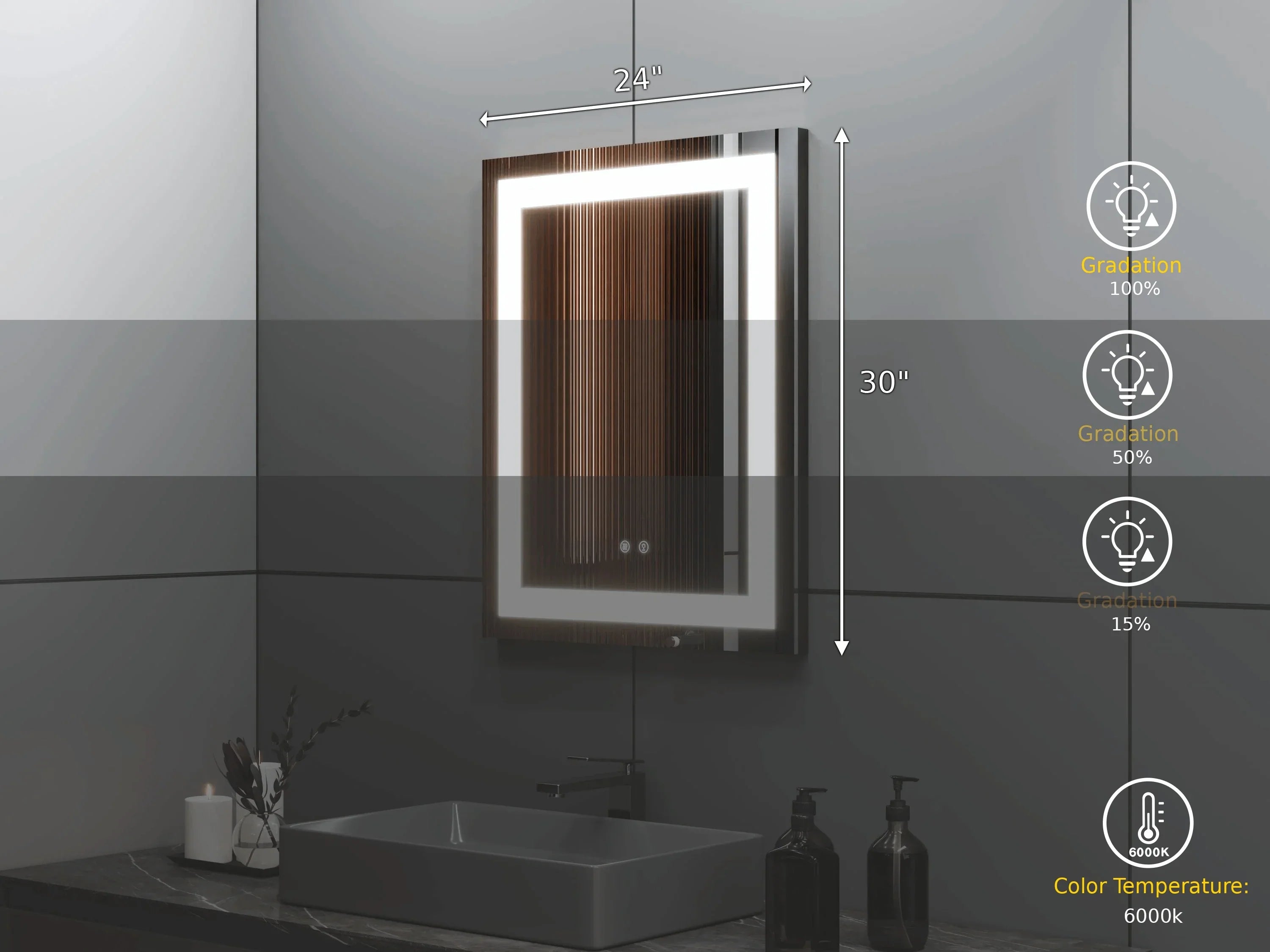 Miroir DEL 24po x 30po avec Éclairage Givré Quatre Côtés et Contrôle de Gradation Tactile