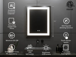 24" x 30" Professional LED Bathroom Mirror with Four-Sided Frost Lighting - Studio-Grade Anti-Fog Mirror with 5185 Lumens, 80+ CRI Color Accuracy, Touch Dimming Control & Advanced Light Guide Technology