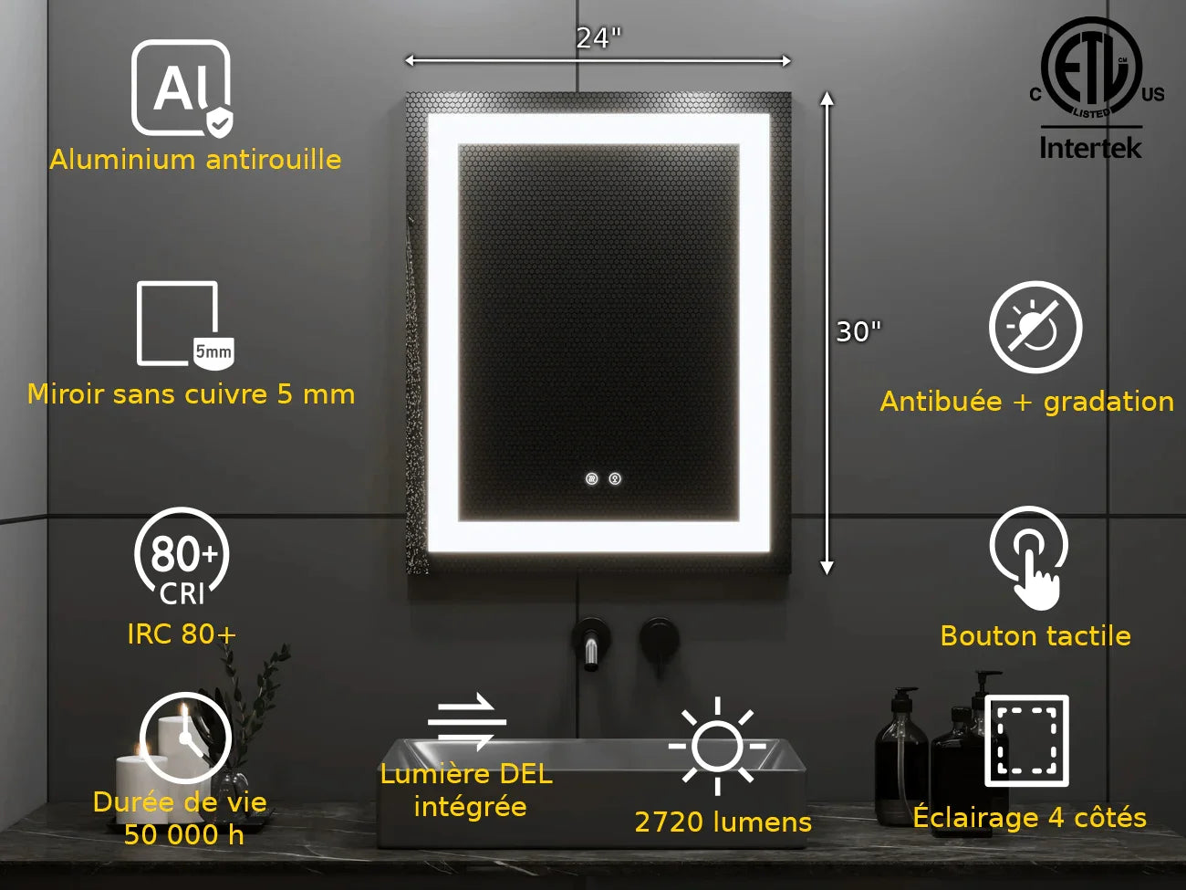 Miroir DEL 24po x 30po avec Éclairage Givré Quatre Côtés et Contrôle de Gradation Tactile