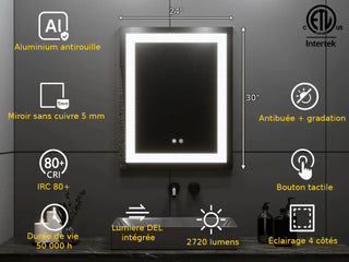 24" x 30" Professional LED Bathroom Mirror with Four-Sided Frost Lighting - Studio-Grade Anti-Fog Mirror with 5185 Lumens, 80+ CRI Color Accuracy, Touch Dimming Control & Advanced Light Guide Technology