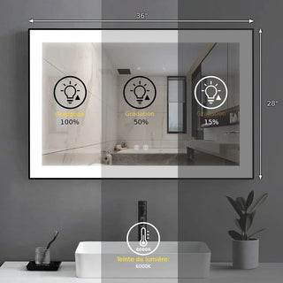 Miroir de Salle de Bain DEL 36 po x 28 po avec Cadre d'Aluminium Noir Mat - Miroir Intelligent Anti-Buée Câblé avec Lueur de Bordure Givrée, Contrôle de Gradation et Rétroéclairage 6000K