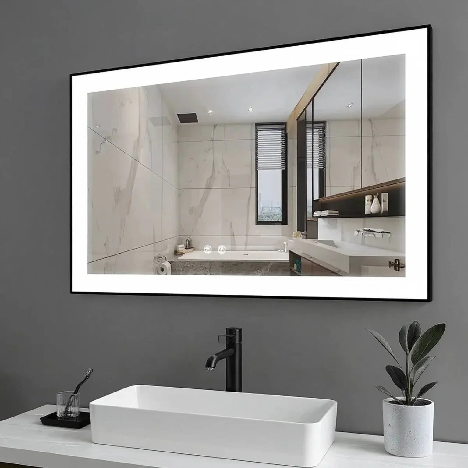 42" x 29.5" LED Bathroom Mirror with Matte Black Frame & Frosted Edge Glow