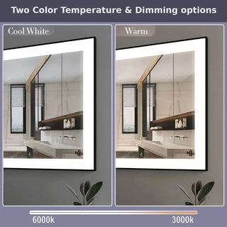 Miroir de Salle de Bain DEL 42 po x 29,5 po avec Cadre d'Aluminium Noir Mat - Miroir Intelligent Anti-Buée Câblé avec Lueur de Bordure Givrée, Contrôle de Gradation et Rétroéclairage 6000K