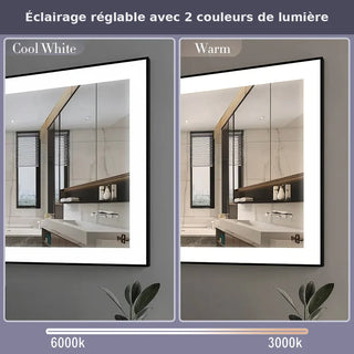 Miroir de Salle de Bain DEL 42 po x 29,5 po avec Cadre d'Aluminium Noir Mat - Miroir Intelligent Anti-Buée Câblé avec Lueur de Bordure Givrée, Contrôle de Gradation et Rétroéclairage 6000K