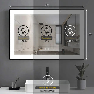 Miroir de Salle de Bain DEL 42 po x 29,5 po avec Cadre d'Aluminium Noir Mat - Miroir Intelligent Anti-Buée Câblé avec Lueur de Bordure Givrée, Contrôle de Gradation et Rétroéclairage 6000K