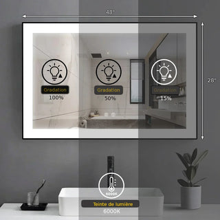 Miroir de Salle de Bain DEL 48 po x 28 po avec Cadre d'Aluminium Noir Mat - Miroir Intelligent Anti-Buée Câblé avec Lueur de Bordure Givrée, Contrôle de Gradation et Rétroéclairage 6000K