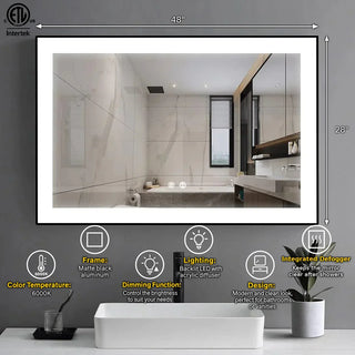 Miroir de Salle de Bain DEL 48 po x 28 po avec Cadre d'Aluminium Noir Mat - Miroir Intelligent Anti-Buée Câblé avec Lueur de Bordure Givrée, Contrôle de Gradation et Rétroéclairage 6000K
