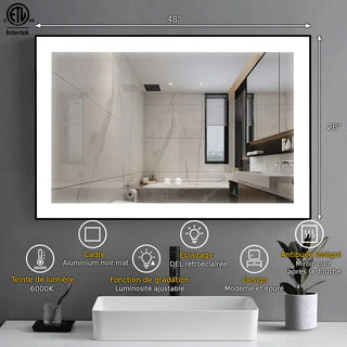 Miroir de Salle de Bain DEL 48 po x 28 po avec Cadre d'Aluminium Noir Mat - Miroir Intelligent Anti-Buée Câblé avec Lueur de Bordure Givrée, Contrôle de Gradation et Rétroéclairage 6000K