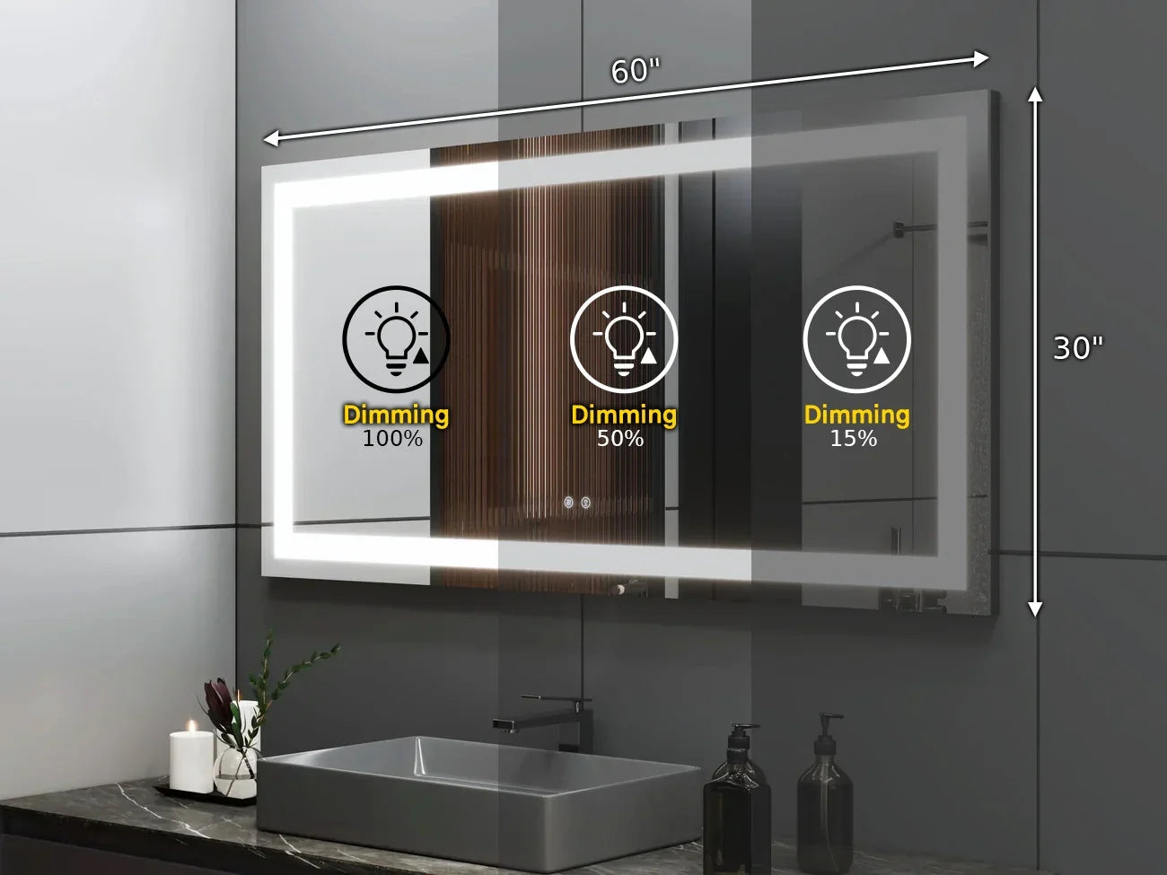 Miroir de Salle de Bain DEL 60po x 30po avec Éclairage Givré Quatre Côtés