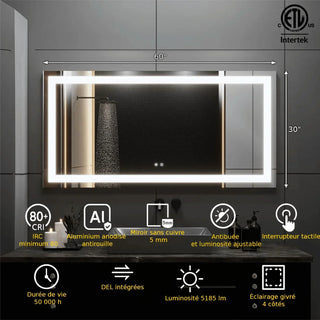 60" x 30" Professional LED Bathroom Mirror with Four-Sided Frost Lighting - Studio-Grade Anti-Fog Mirror with 5185 Lumens, 80+ CRI Color Accuracy, Touch Dimming Control & Advanced Light Guide Technology