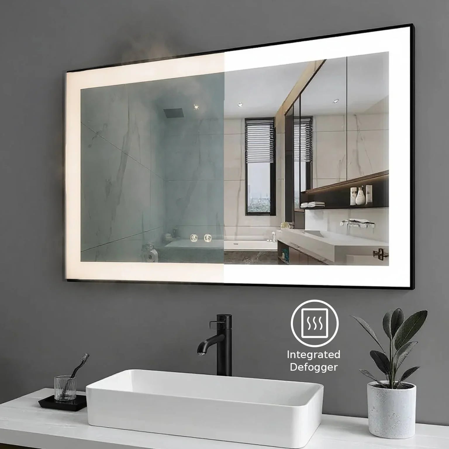 60" LED Bathroom Mirror with Matte Black Aluminum Frame and Frosted Edge Glow