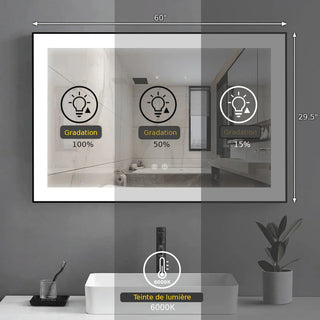 Miroir de Salle de Bain DEL 60 po x 28 po avec Cadre d'Aluminium Noir Mat - Miroir Intelligent Anti-Buée Câblé avec Lueur de Bordure Givrée, Contrôle de Gradation et Rétroéclairage 6000K