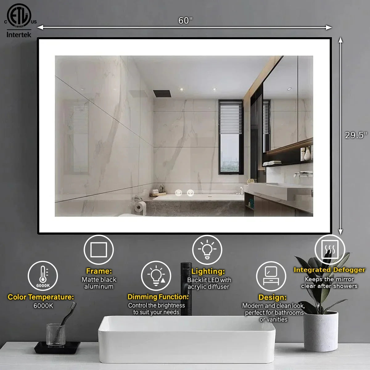 60" LED Bathroom Mirror with Matte Black Aluminum Frame and Frosted Edge Glow
