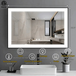 Miroir de Salle de Bain DEL 60 po x 28 po avec Cadre d'Aluminium Noir Mat - Miroir Intelligent Anti-Buée Câblé avec Lueur de Bordure Givrée, Contrôle de Gradation et Rétroéclairage 6000K