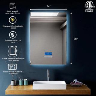 24" x 30" Smart LED Bathroom Mirror with Touch Screen Display - Bluetooth Mirror with Built-in Speakers, Automatic Anti-Fog Technology, Energy-Saving Lighting & Frameless Design
