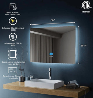 36" x 30" Smart LED Bathroom Mirror with Touch Screen Display - Bluetooth Mirror with Built-in Speakers, Automatic Anti-Fog Technology, Energy-Saving Lighting & Frameless Design
