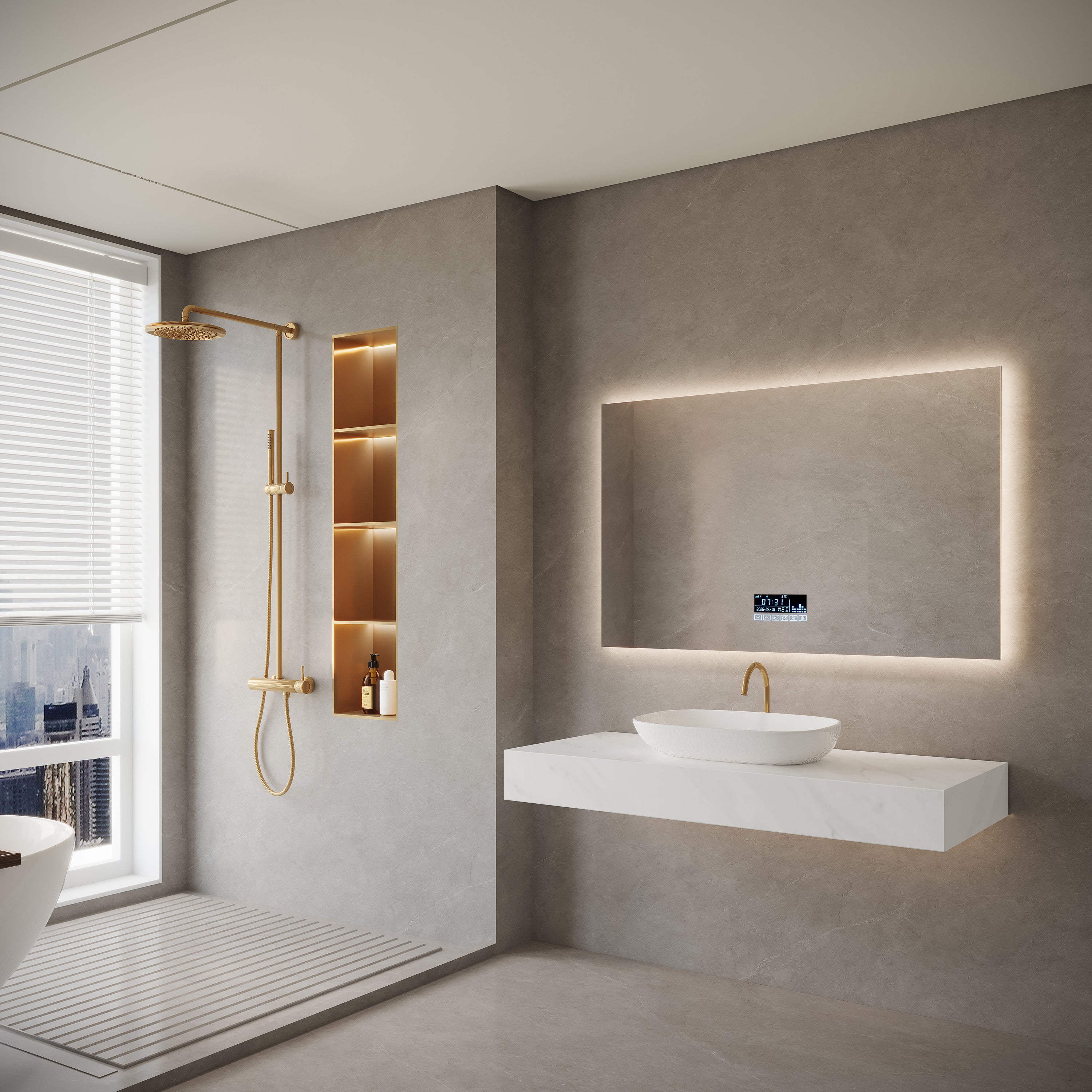 48" x 30" Smart LED Backlit Bathroom Mirror with Bluetooth Speakers & Anti-Fog