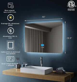Miroir de Salle de Bain DEL Intelligent 48 po x 30 po avec Écran Tactile - Miroir Bluetooth avec Haut-Parleurs Intégrés, Technologie Anti-Buée Automatique, Éclairage Économe en Énergie et Design sans Cadre