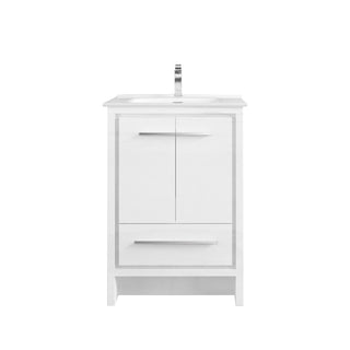 24" Glossy White Freestanding Single Sink Bathroom Vanity with White Ceramic Countertop