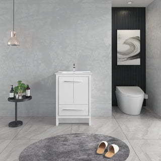 Meuble-Lavabo Autoportant 24po Blanc Brillant avec Comptoir de Céramique Blanc