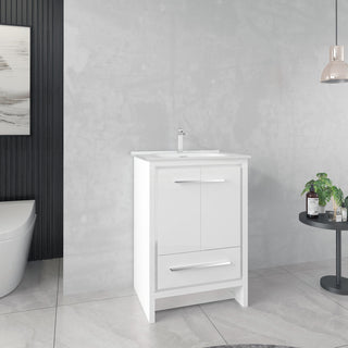 Meuble-Lavabo Autoportant 24po Blanc Brillant avec Comptoir de Céramique Blanc