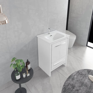 24" Glossy White Freestanding Single Sink Bathroom Vanity with White Ceramic Countertop