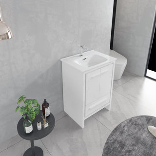 24" Glossy White Freestanding Single Sink Bathroom Vanity with White Ceramic Countertop