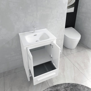 24" Glossy White Freestanding Single Sink Bathroom Vanity with White Ceramic Countertop