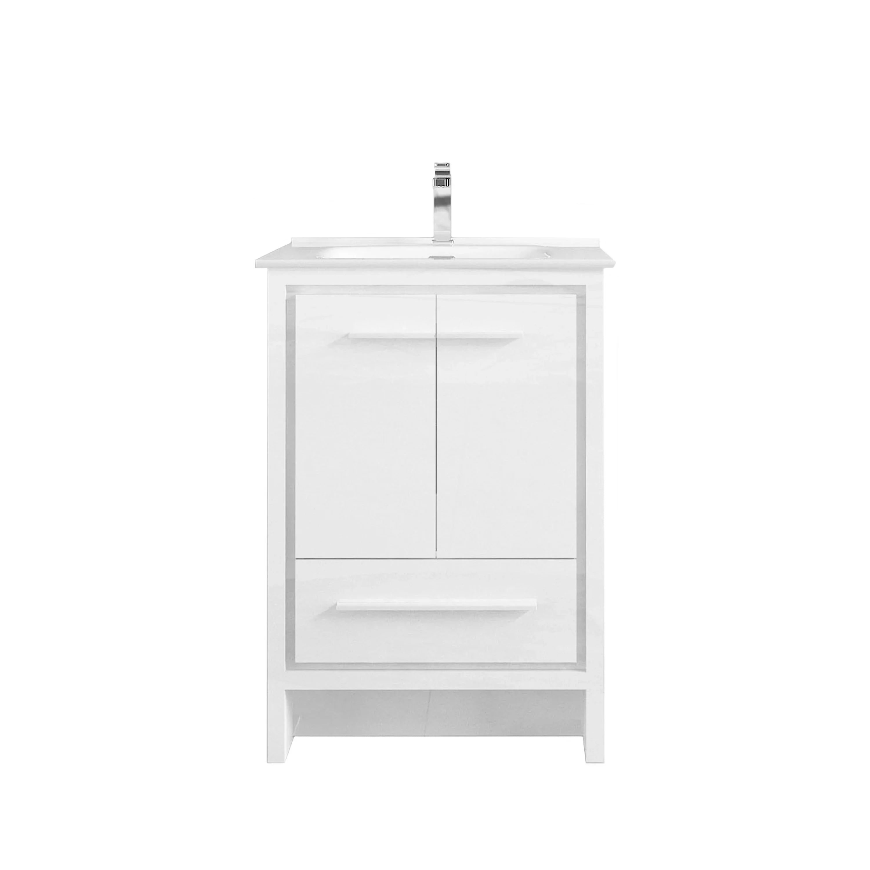 24" Matte White Freestanding Single Sink Bathroom Vanity with White Ceramic Countertop